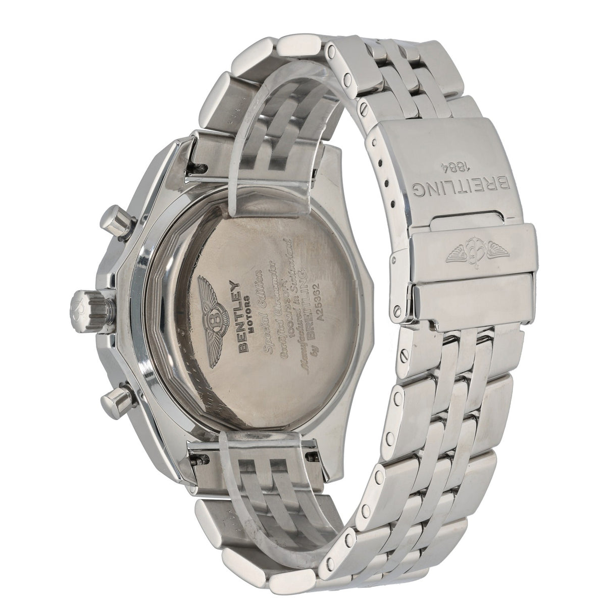 Breitling Bentley A25362 Stainless steel wristwatch caseback with engraved markings and link bracelet