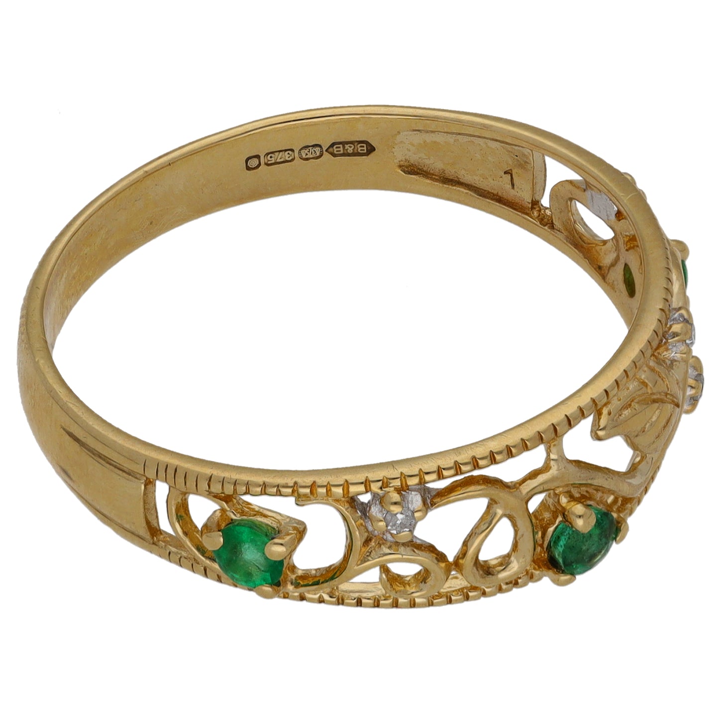 9ct Gold 0.03ct Diamond & Emerald Half Eternity Ring Size V