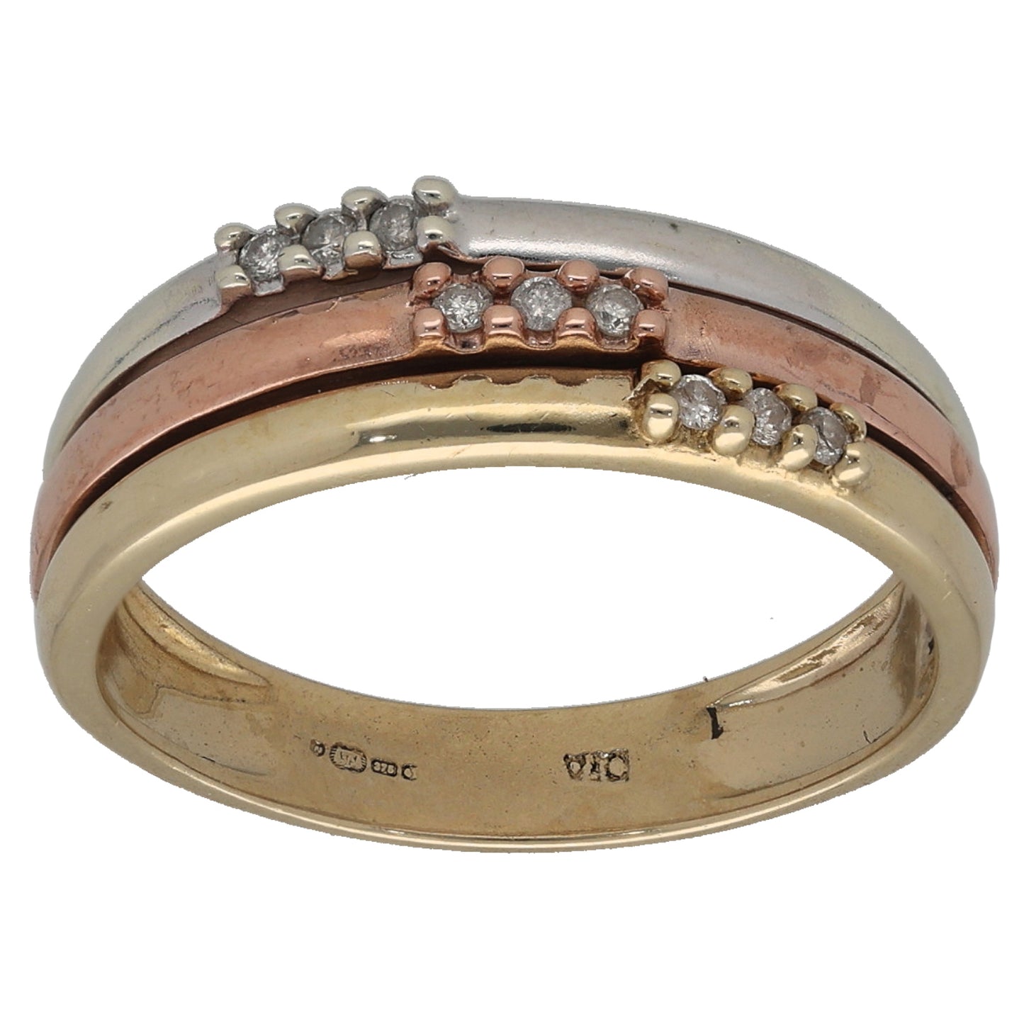 9ct Tricolour Gold 0.09ct Diamond Alternative Ring Size O