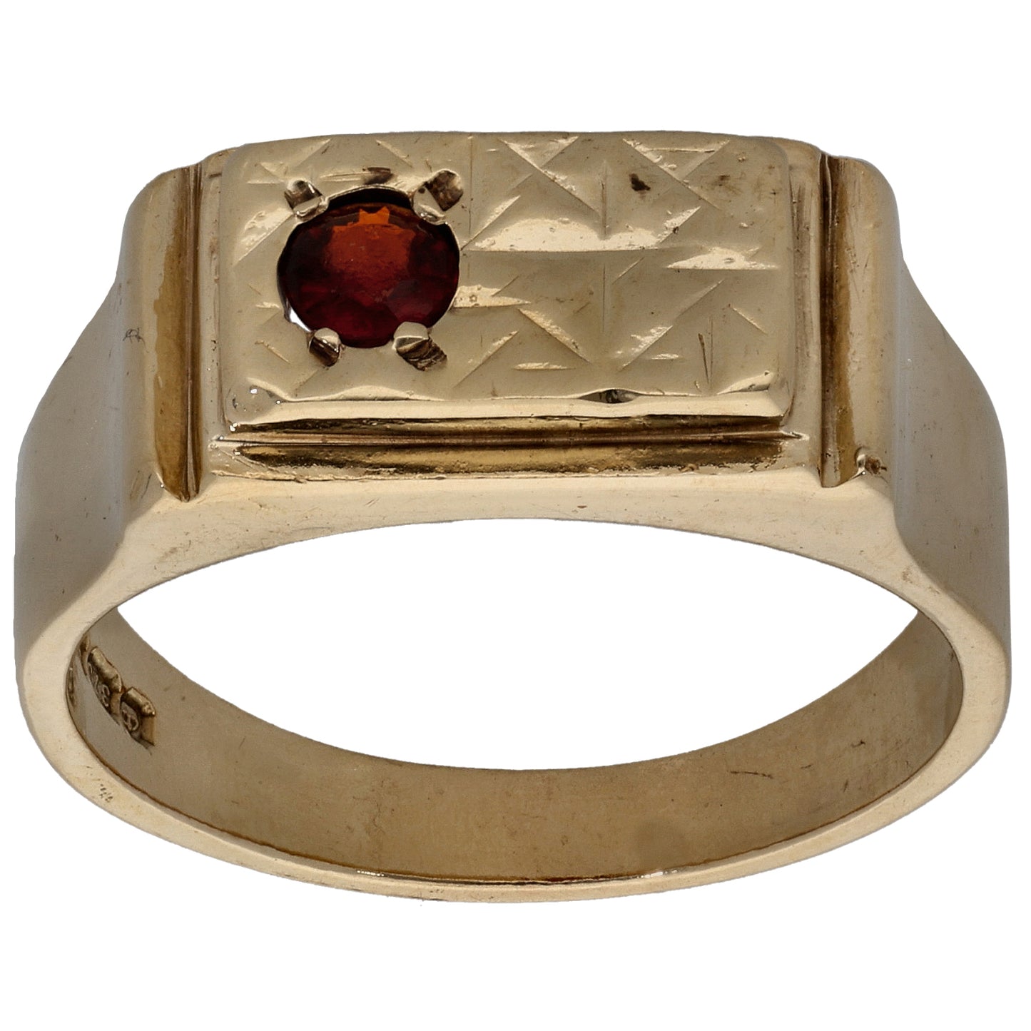 9ct Gold Garnet Patterned Single Stone Signet Ring Size Q