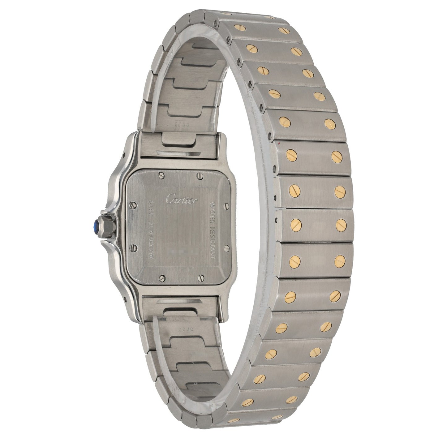 Cartier Santos Galbee W20058C4 caseback, with a stainless steel and gold casem with a bracelet featuring screws
