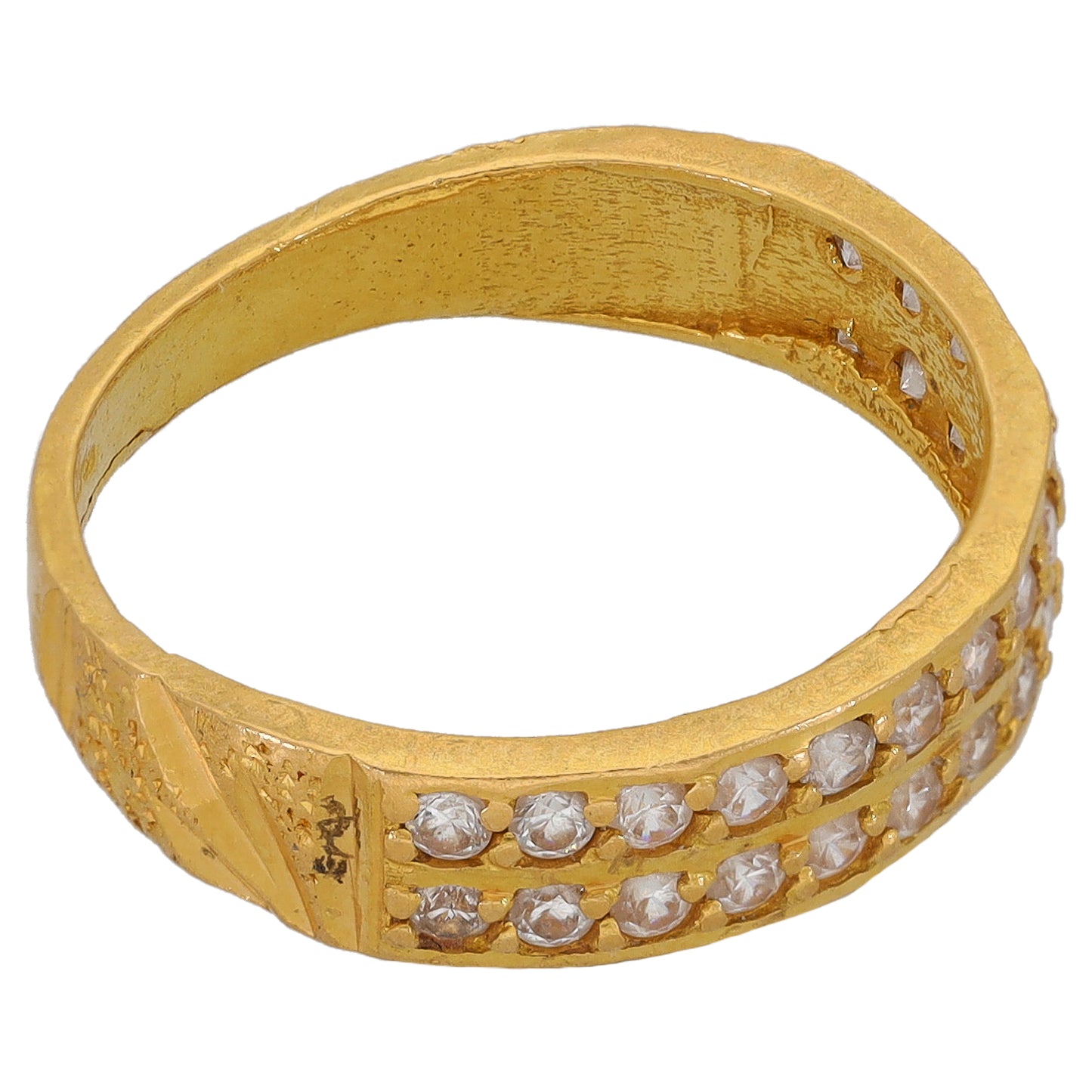 22ct Gold-tone half eternity ring with clear CZ stones along the band, side view