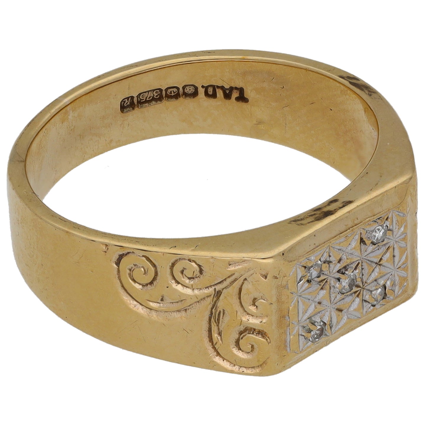 9ct Gold 0.025ct Diamond Patterned Signet Ring Size P