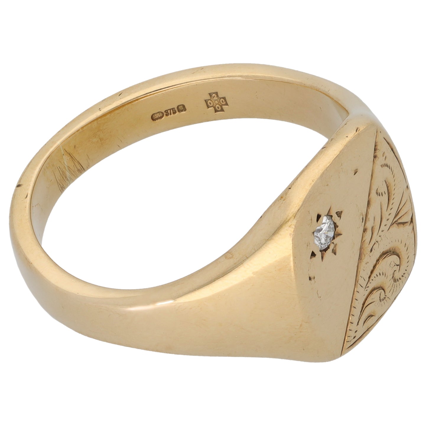 9ct Gold 0.02ct Diamond Patterned Signet Ring Size X