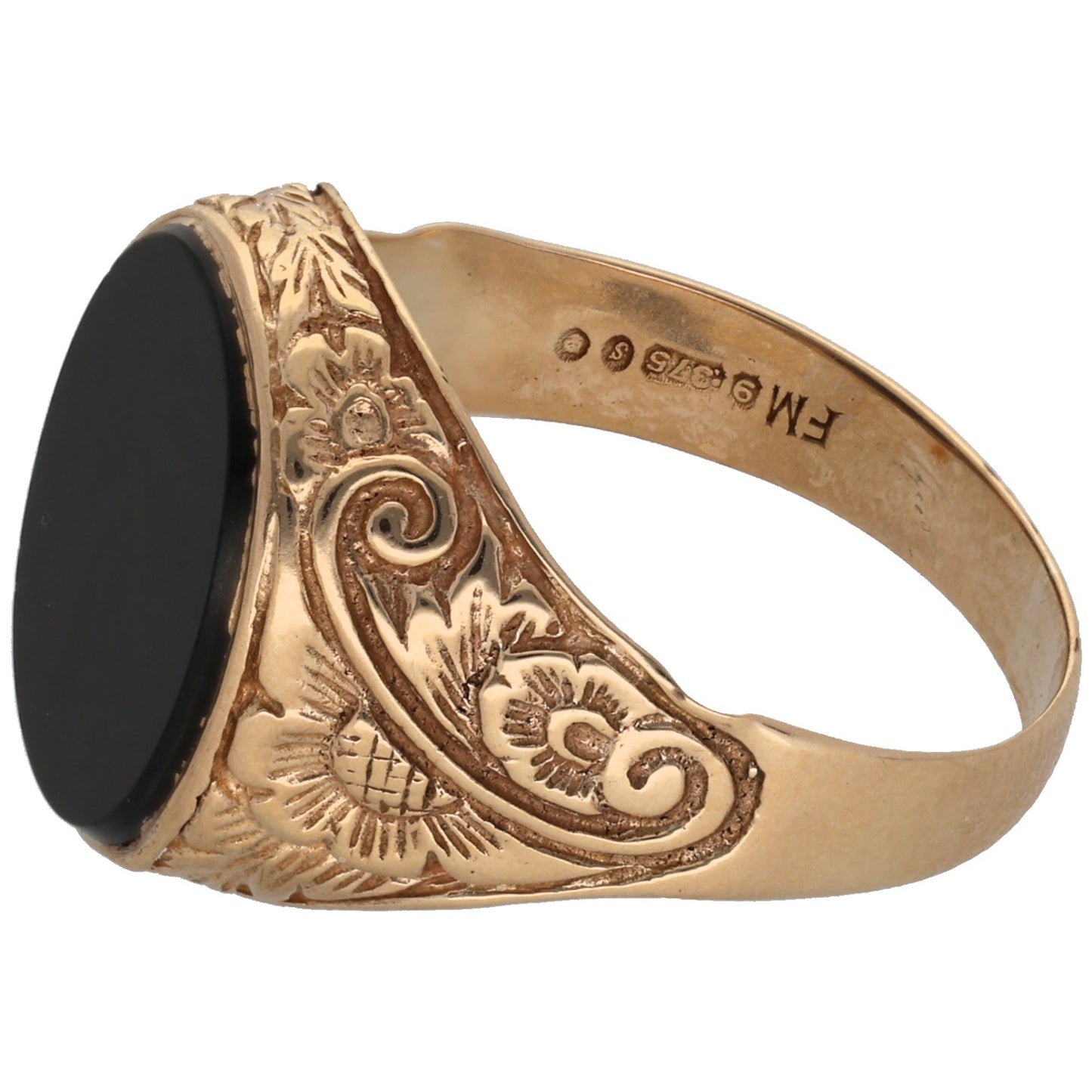 9ct Gold Onyx Patterned Signet Ring Size T