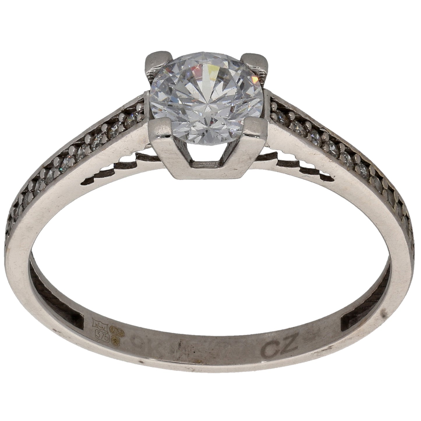 9ct White Gold Cubic Zirconia Single Stone Ring with Accent Stones Size O