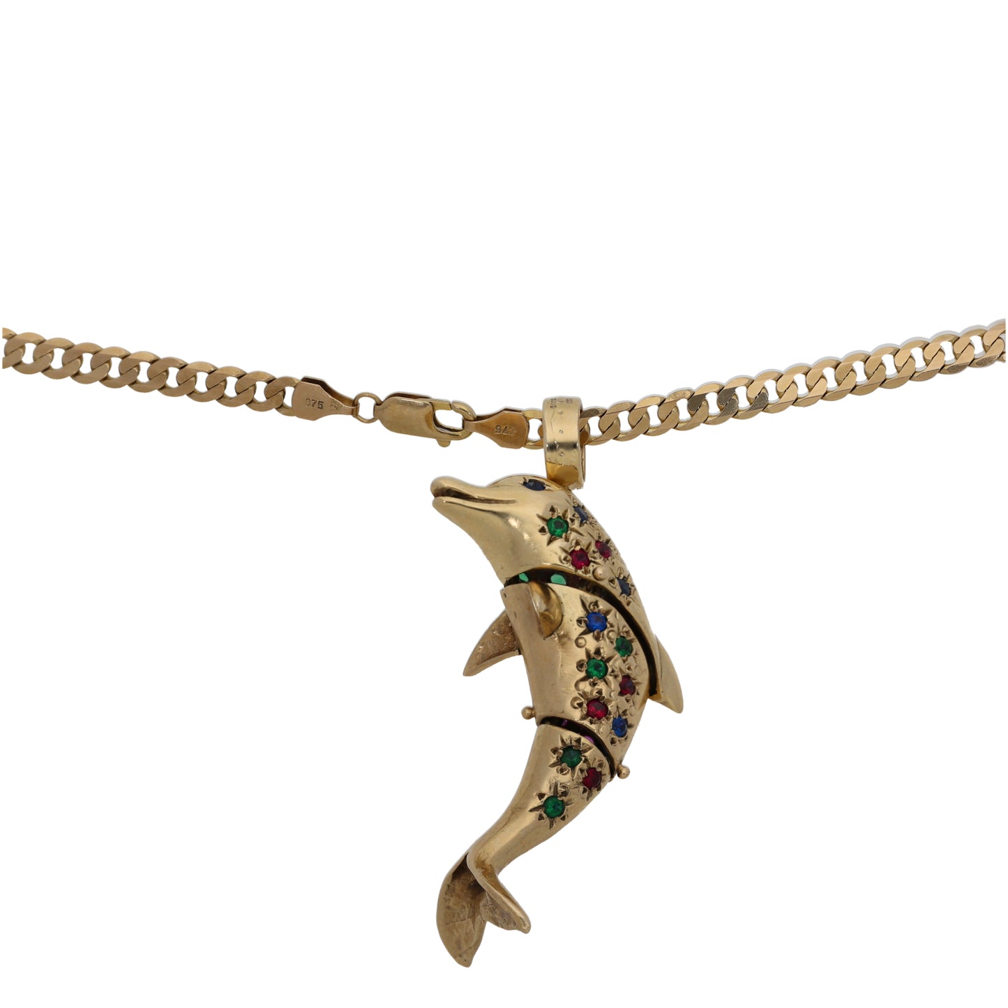 9ct Gold Imitation Gems Dolphin Pendant With Chain