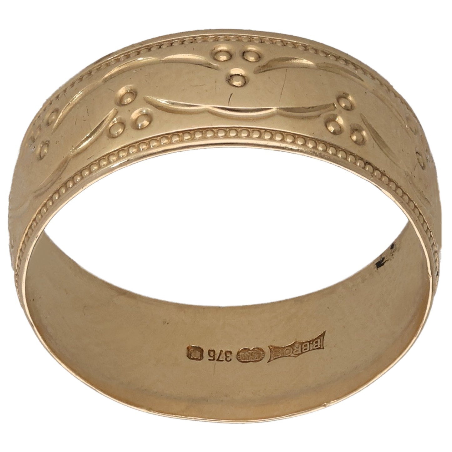 9ct gold patterned wedding ring band with bead and dot motifs, inside view