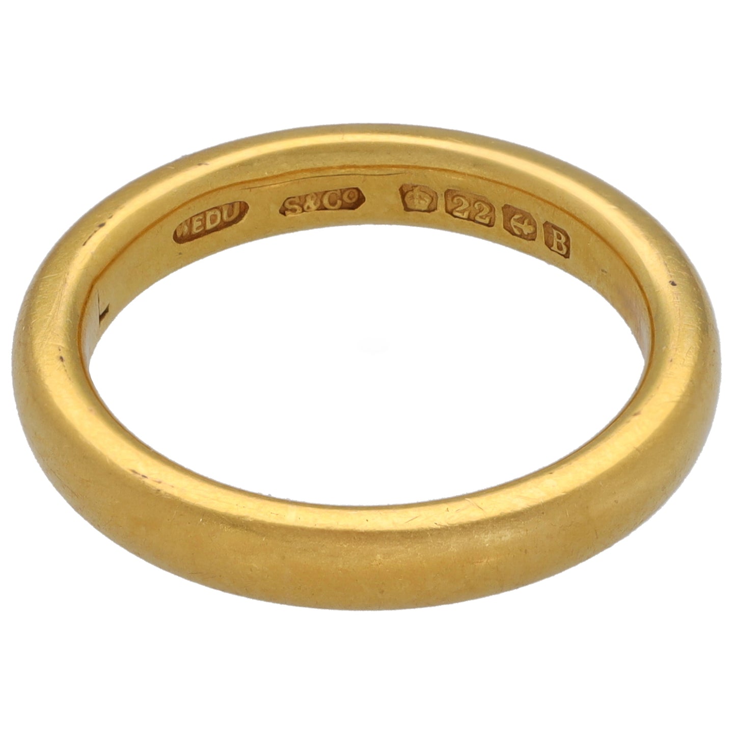 22ct gold plain wedding ring with engraved inner hallmark on smooth band