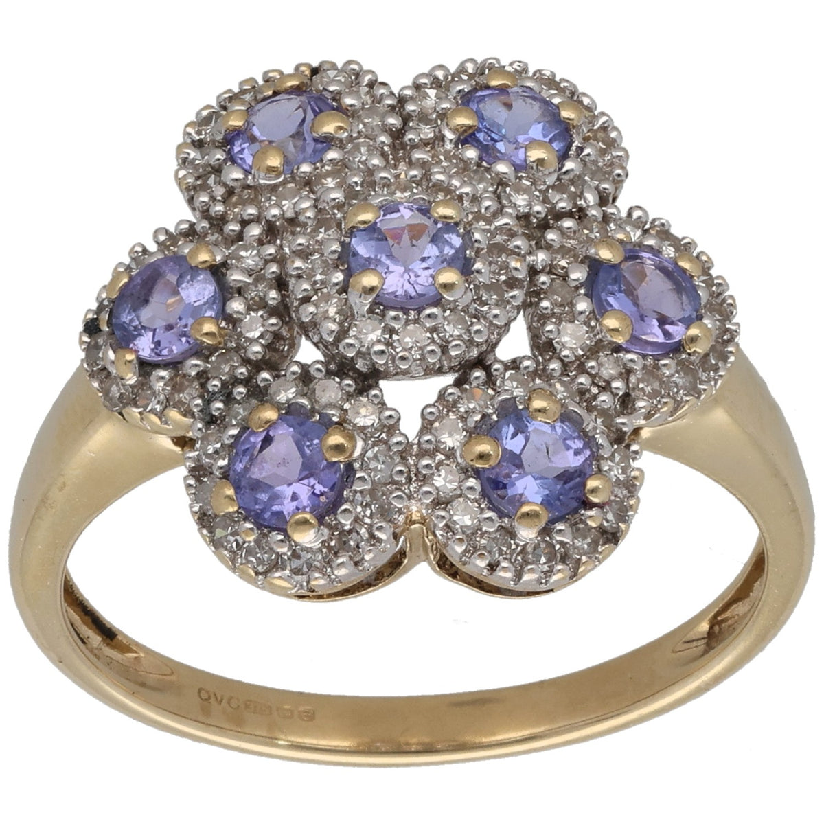 9ct gold tanzanite and diamond cocktail ring with flower cluster