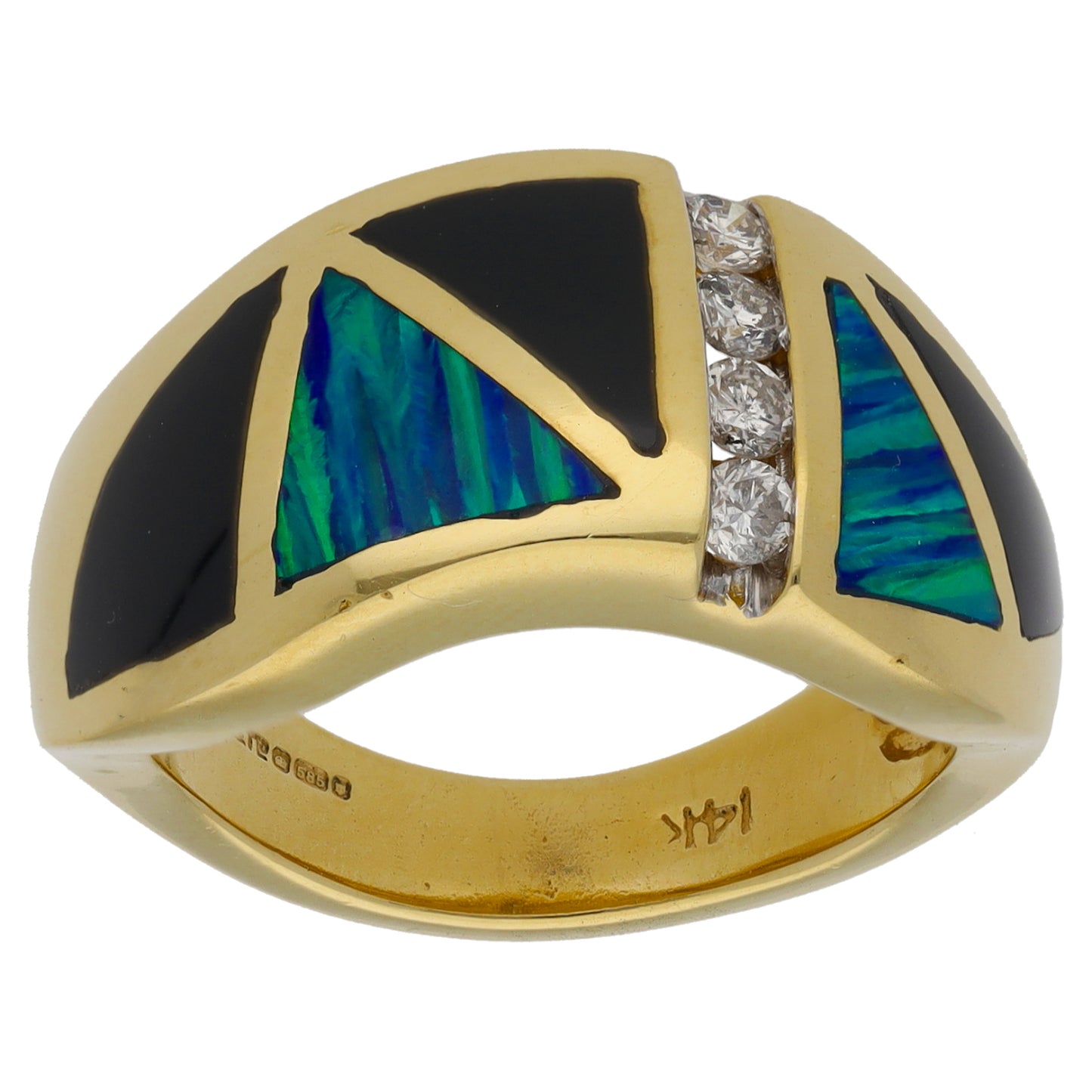 14ct Gold 0.20ct Diamond, Man Made Opal & Onyx Dress/Cocktail Ring Size M