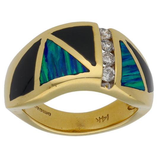 14ct Gold 0.20ct Diamond, Man Made Opal & Onyx Dress/Cocktail Ring Size M