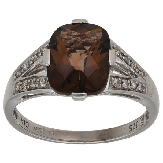 9ct White Gold Smoky Quartz & 0.08ct Diamond Single Stone Ring with Accent Stones Size N