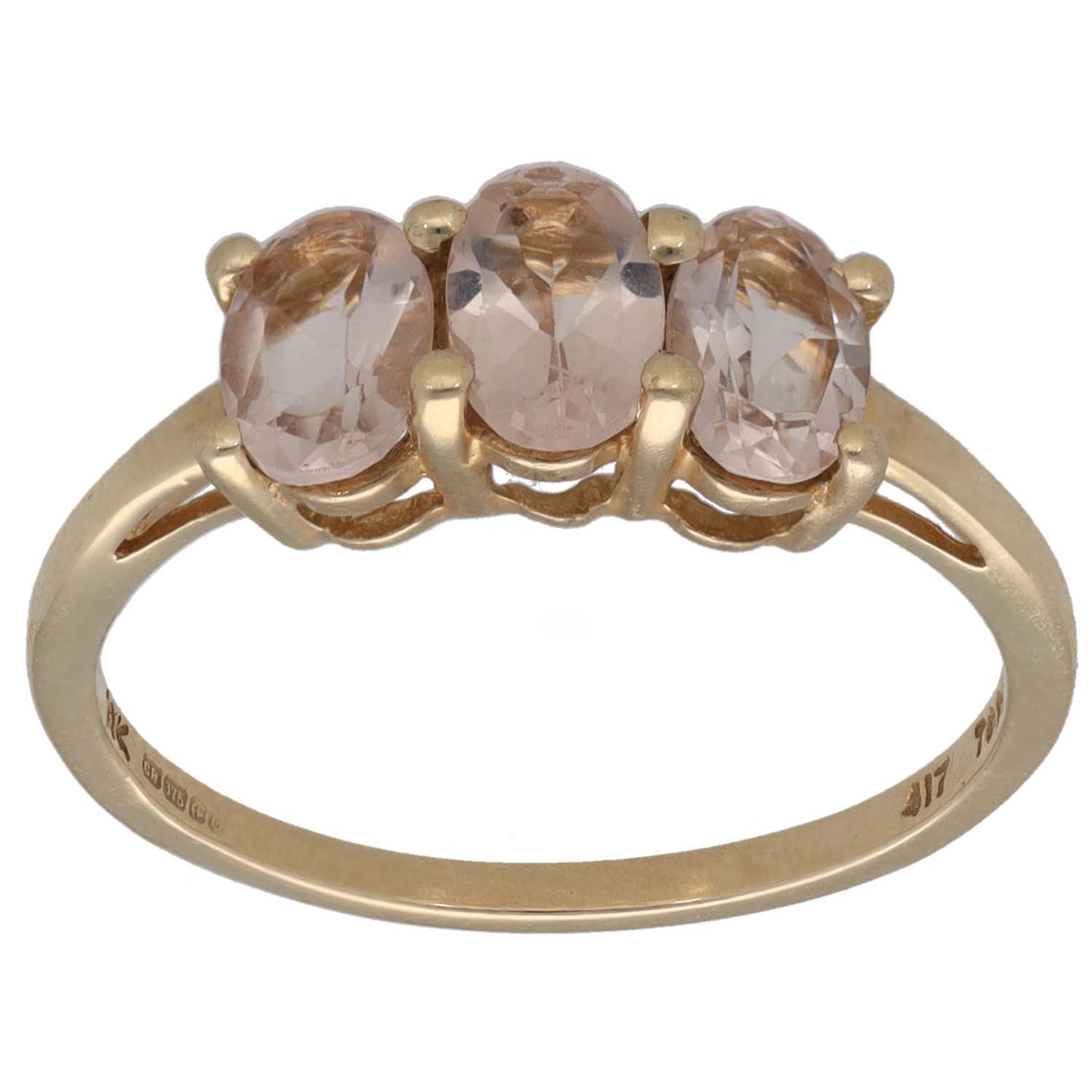 9ct gold three-stone ring with three pink morganite gemstones in rounded bezel settings