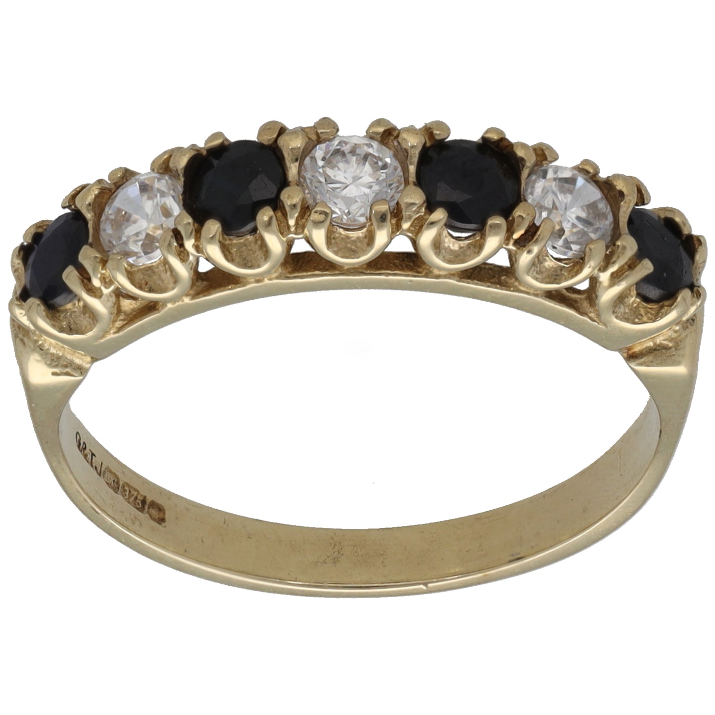 9ct gold half-eternity ring with clear and dark stones in alternating settings