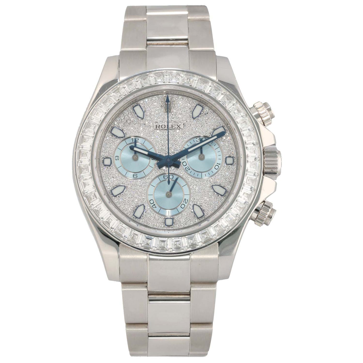 Platinum Rolex Daytona 116576TBR chronograph watch with light blue dial, diamond bezel, and steel bracelet