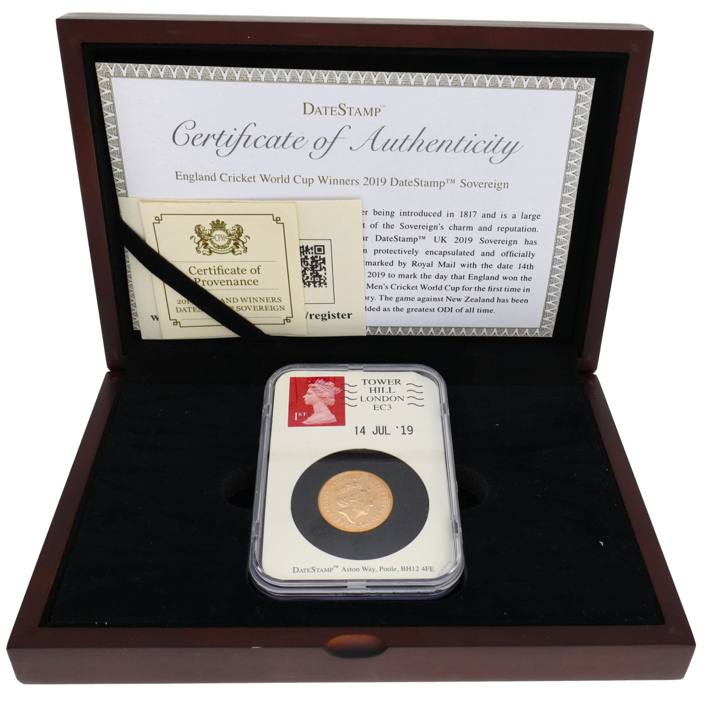 22ct Gold England Cricket World Cup Winners DateStamp Full Sovereign Coin 2019