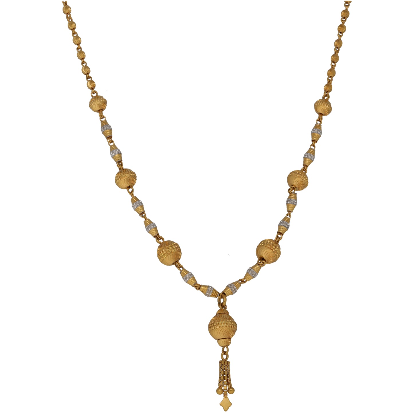 Gold-tone fancy necklace with textured round beads, stone-like links, and small tassel