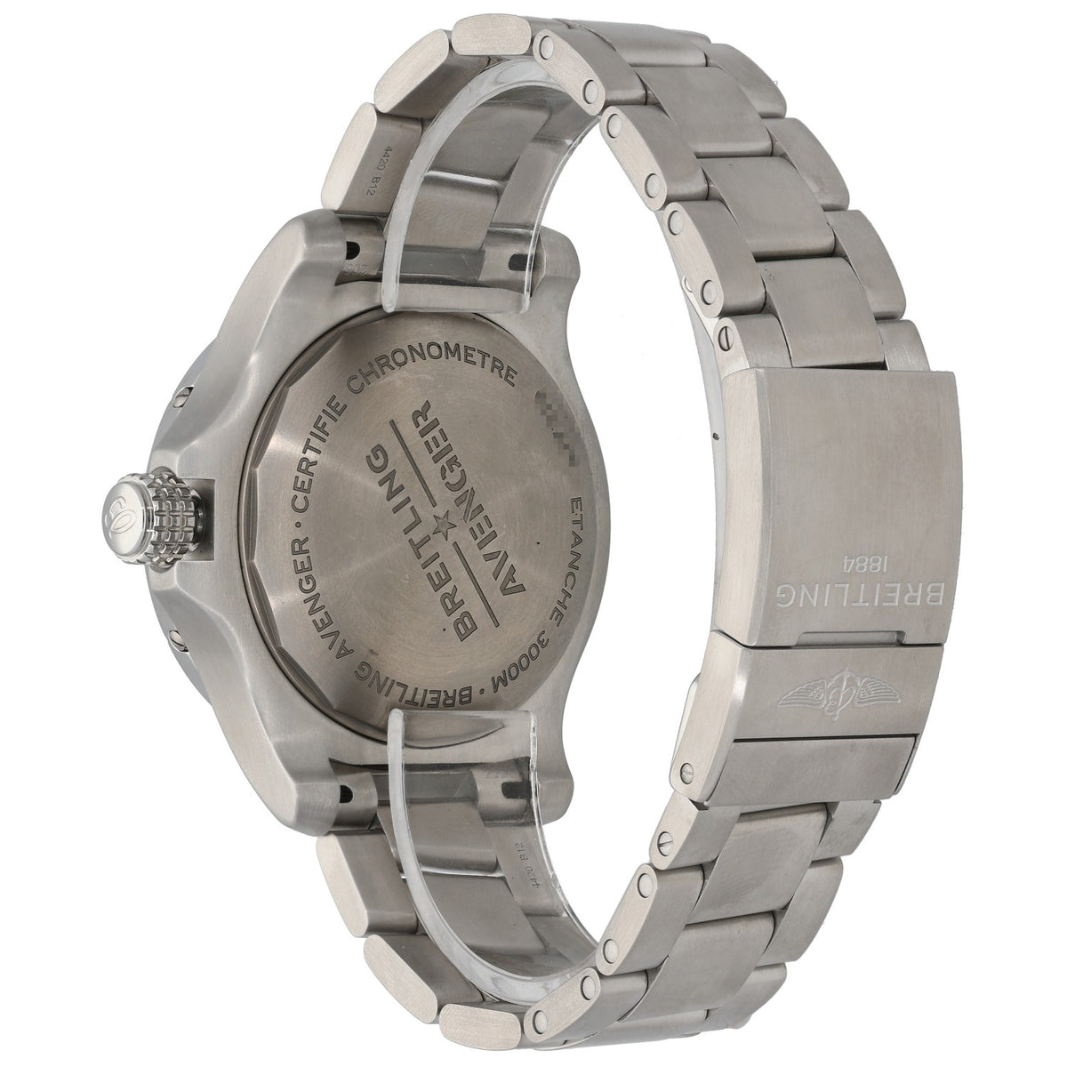 Breitling Avenger A17319 Stainless steel watch caseback with engraved markings and metal bracelet
