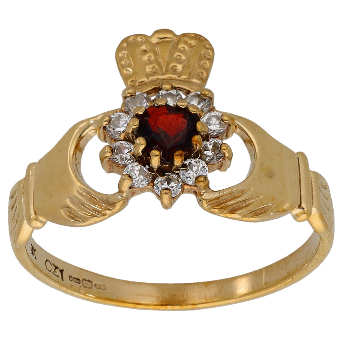 9ct Gold Cubic Zirconia & Garnet Claddagh Ring Size Q