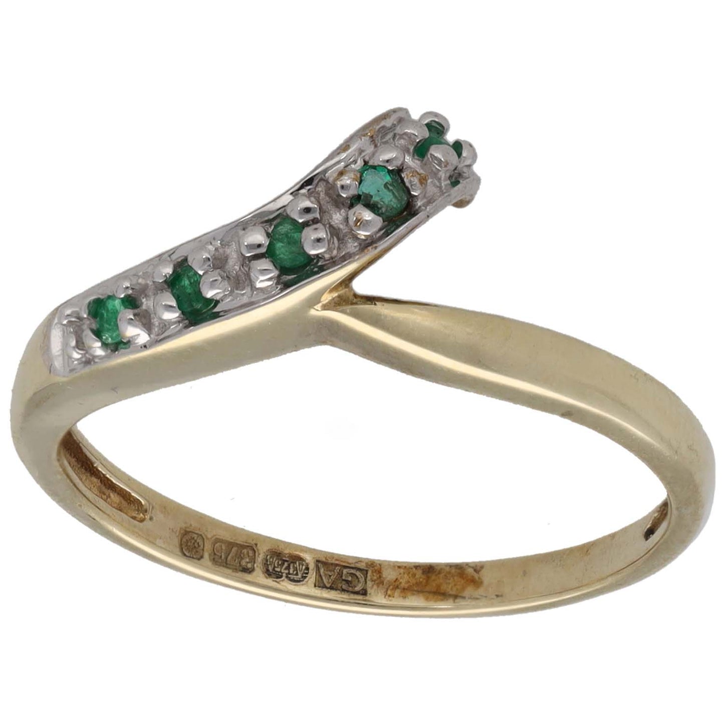 9ct gold cocktail ring with green emerald stones, arched setting, side hallmarks
