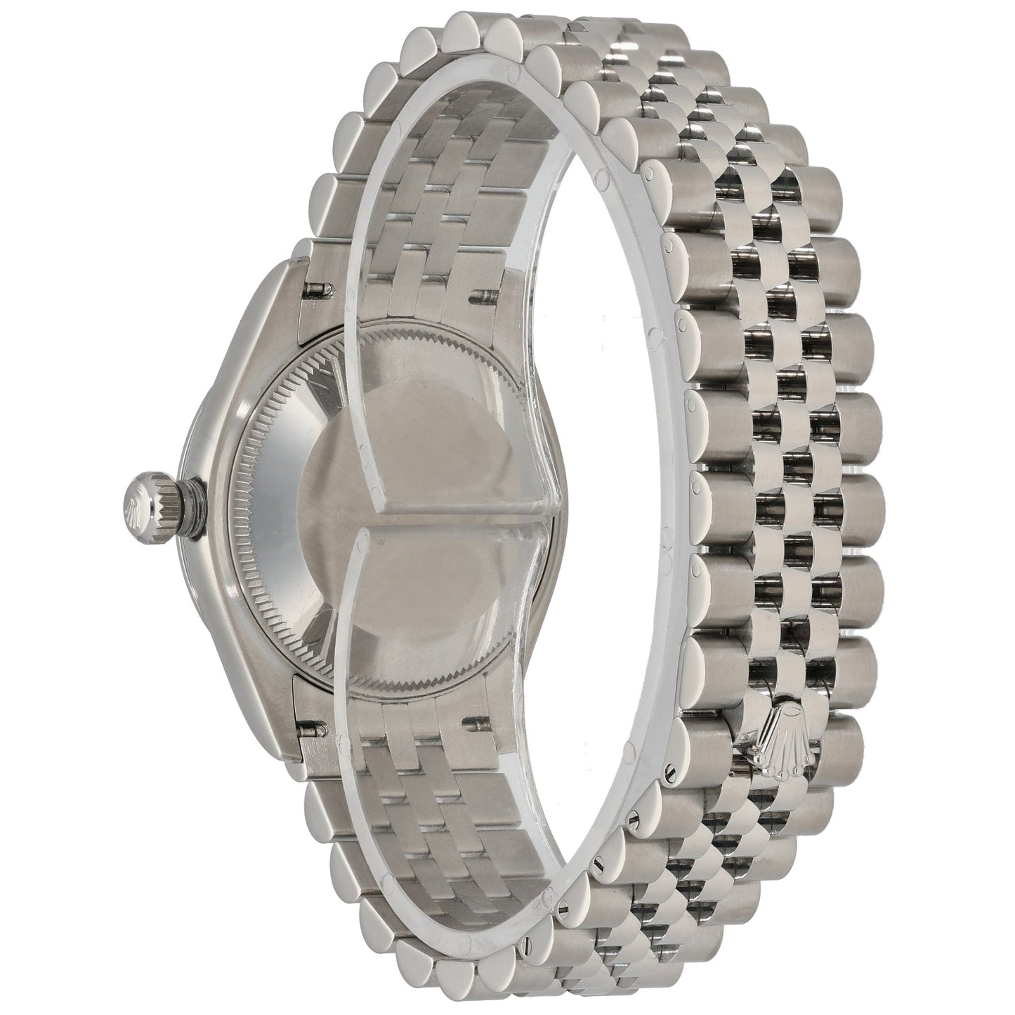Stainless steel Rolex Datejust 278240 watch, angled side view, crown detail, jubilee bracelet