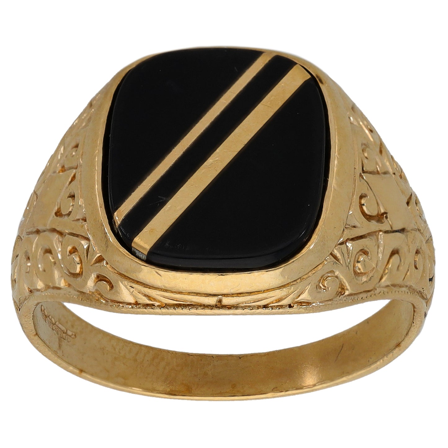 9ct Gold Onyx Patterned Single Stone Signet Ring Size U