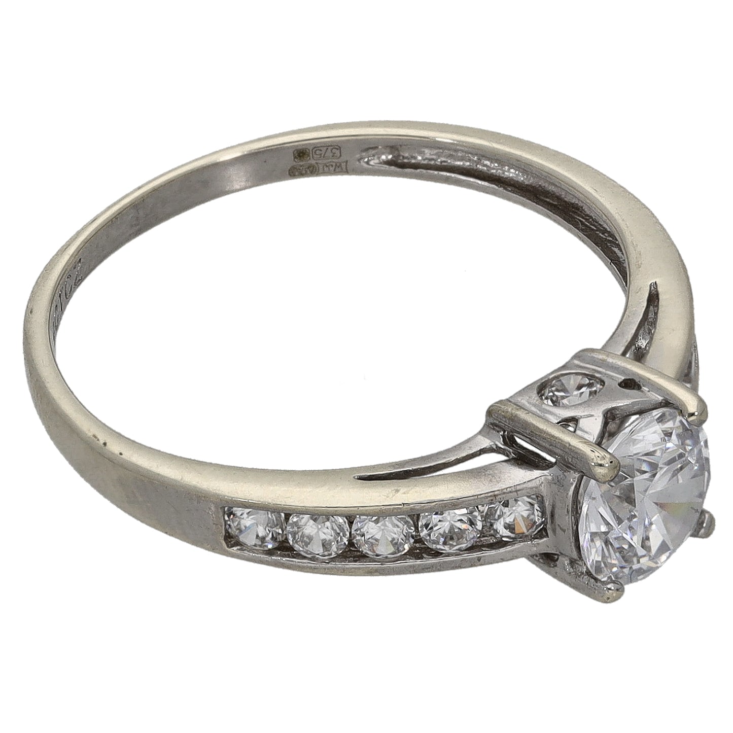 9ct White Gold Cubic Zirconia Single Stone Ring With Accents Size R