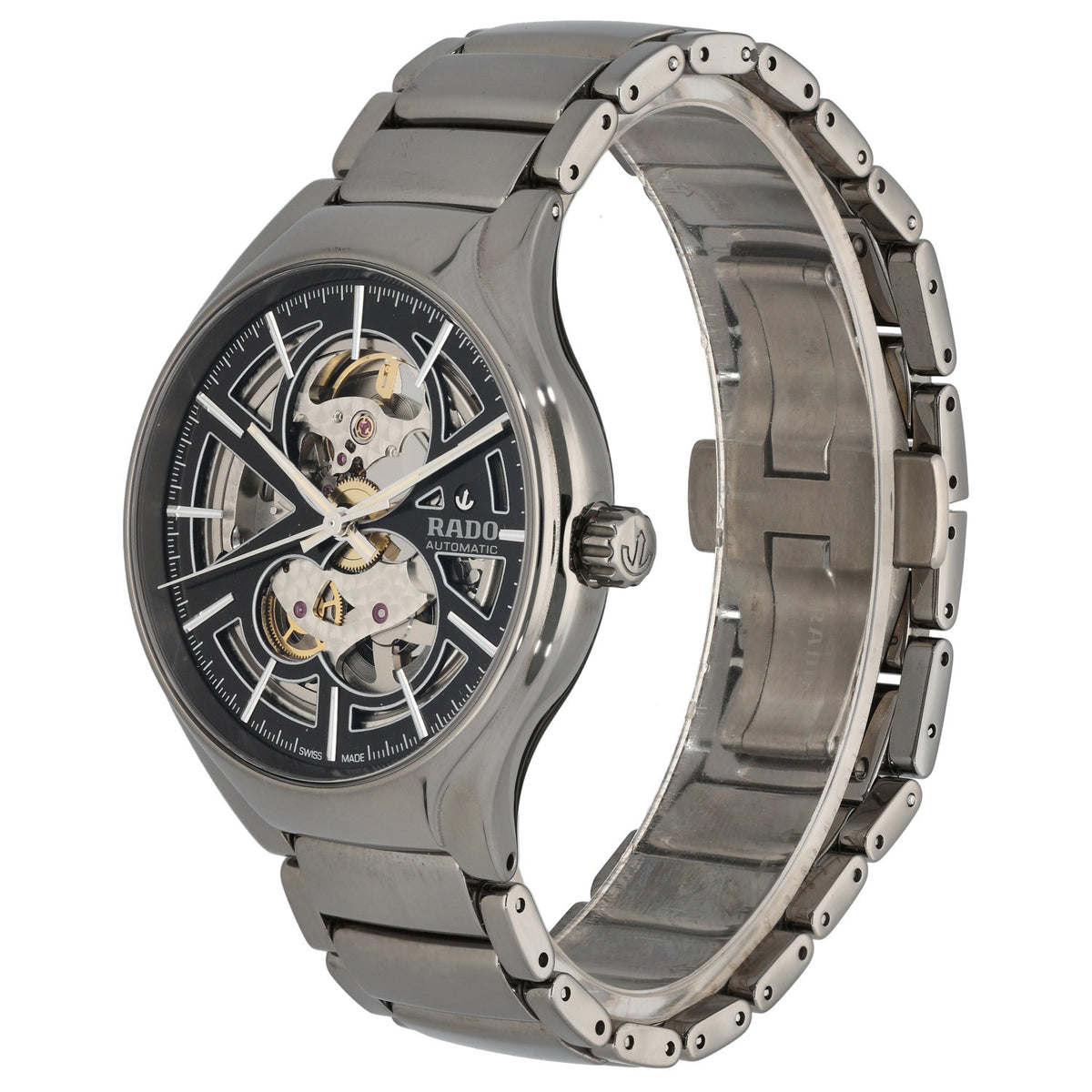 Rado True Skeleton 734.0510.3, skeleton dial on ceramic case and bracelet crown angle