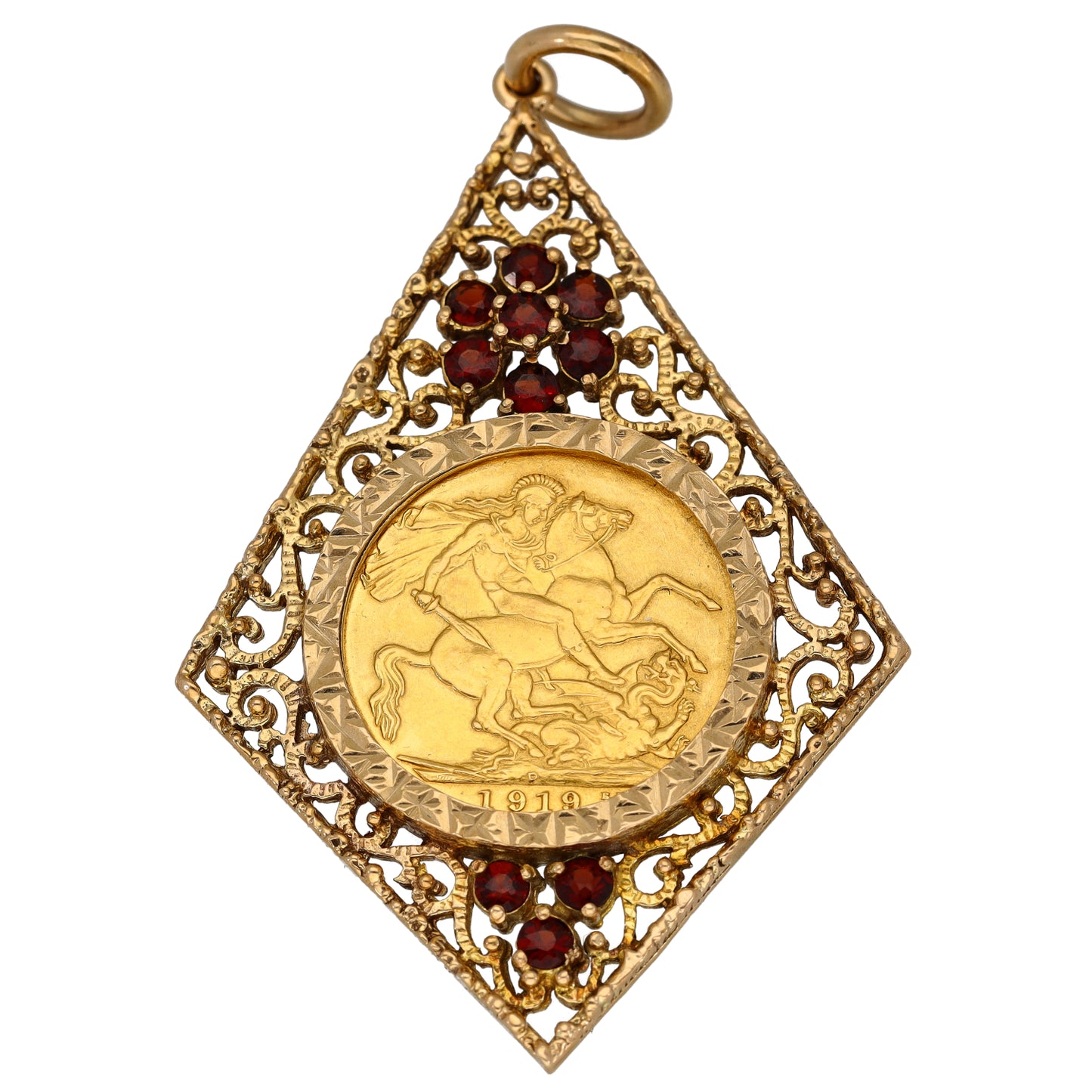 9ct Gold Garnet Full Sovereign Coin Pendant
