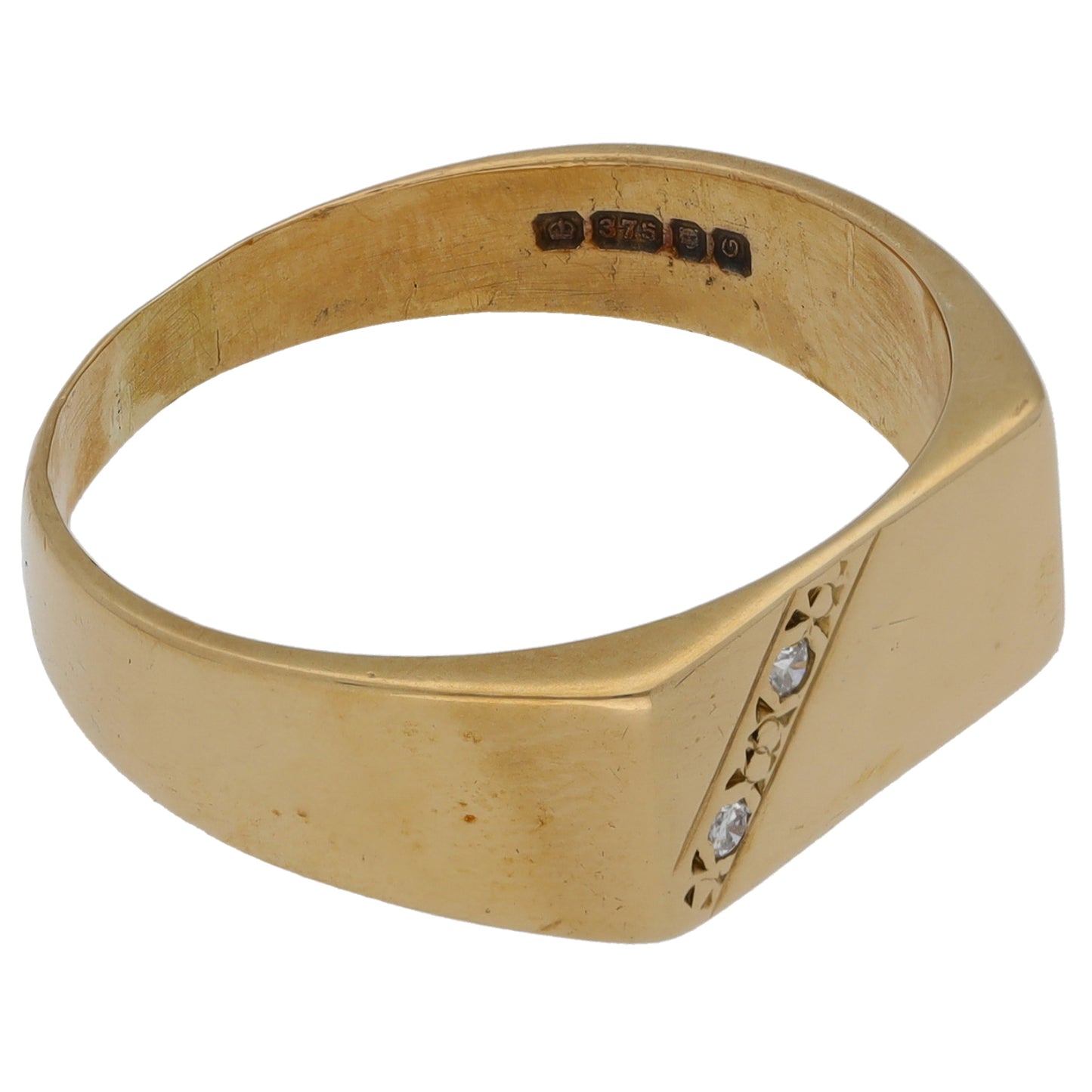 9ct Gold 0.02ct Diamond Patterned Signet Ring Size T