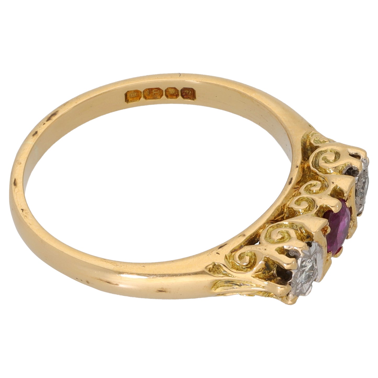 18ct Gold 0.04ct Diamond & Ruby Trilogy Ring Size L