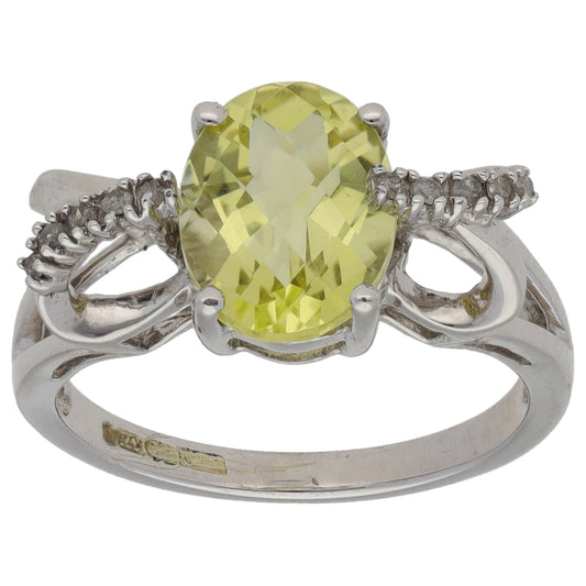 9ct White Gold Green Quartz & 0.05ct Diamond Dress/Cocktail Ring Size K