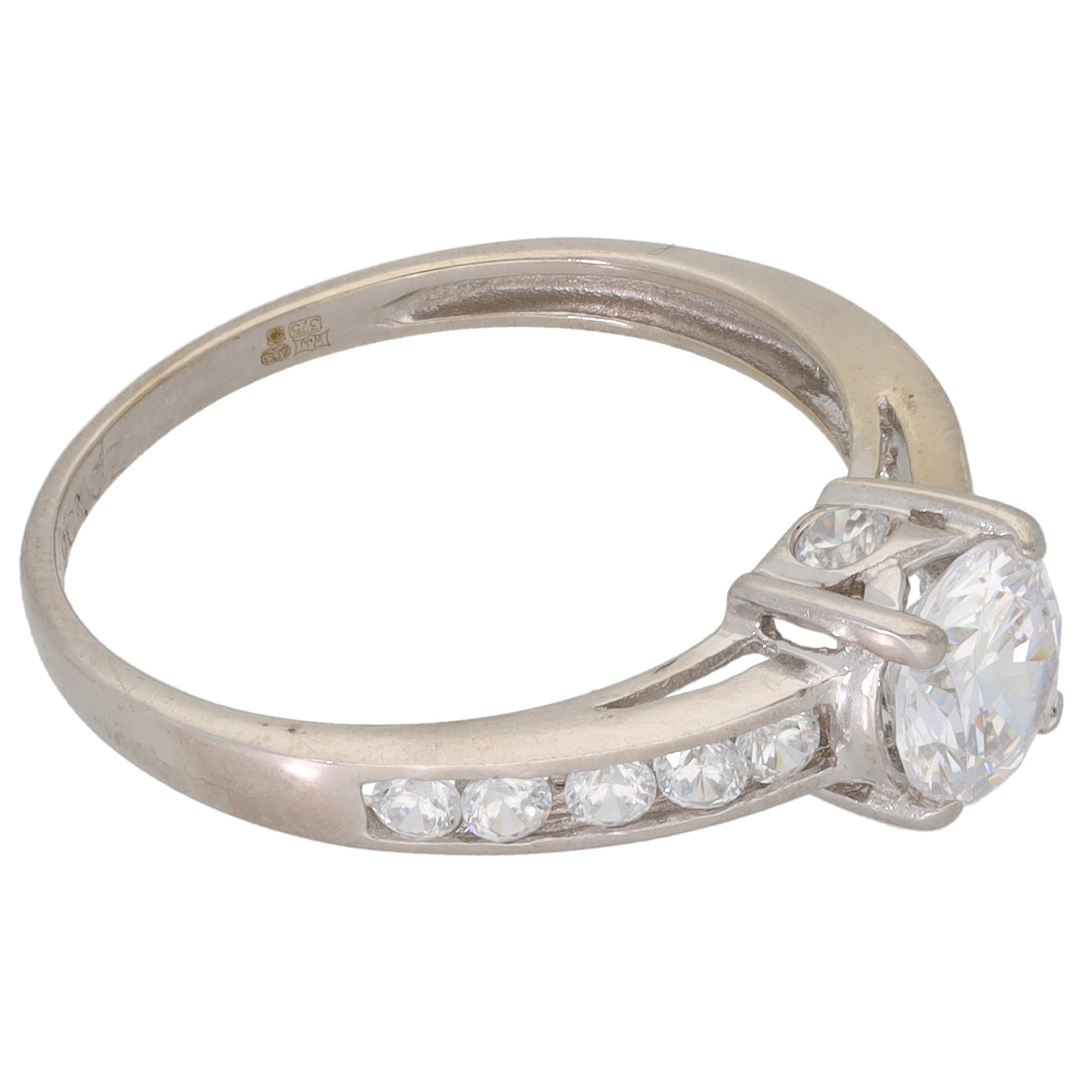 9ct White Gold Cubic Zirconia Single Stone Ring with Accent Stones Size O