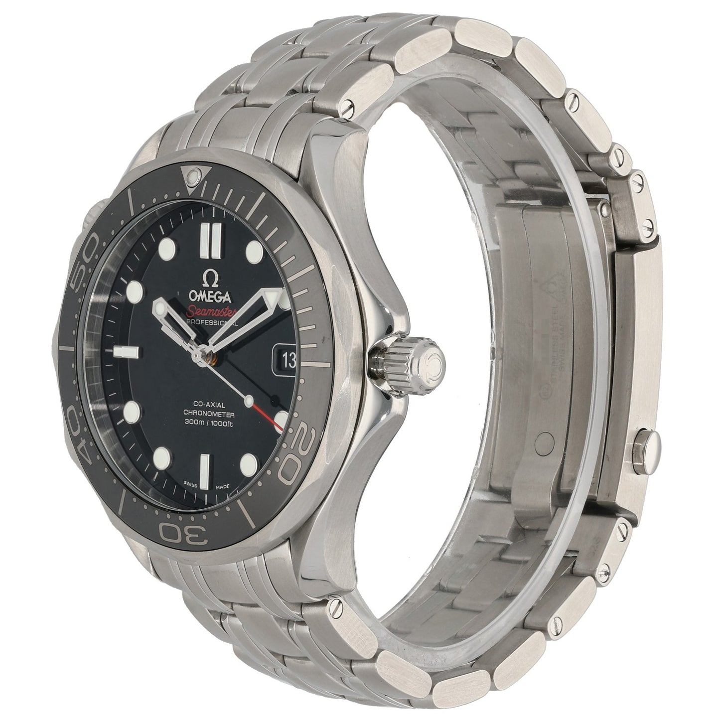 Stainless steel Omega Seamaster 212.30.41.20.01.003 watch, side view with dark dial and crown
