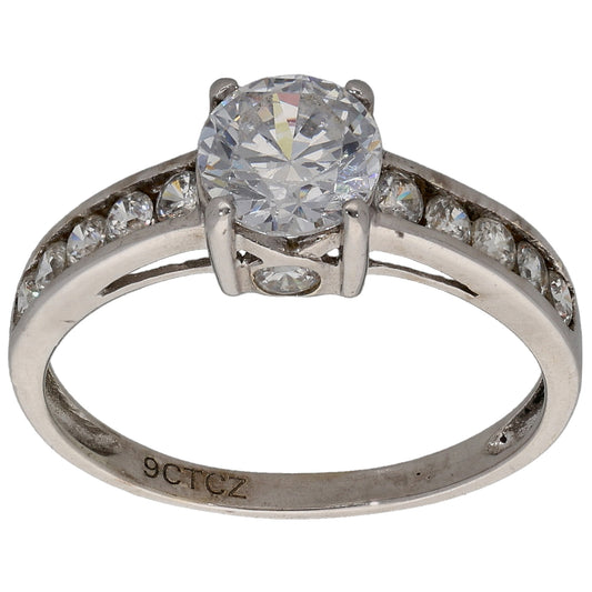 9ct White Gold Cubic Zirconia Single Stone Ring with Accent Stones Size L