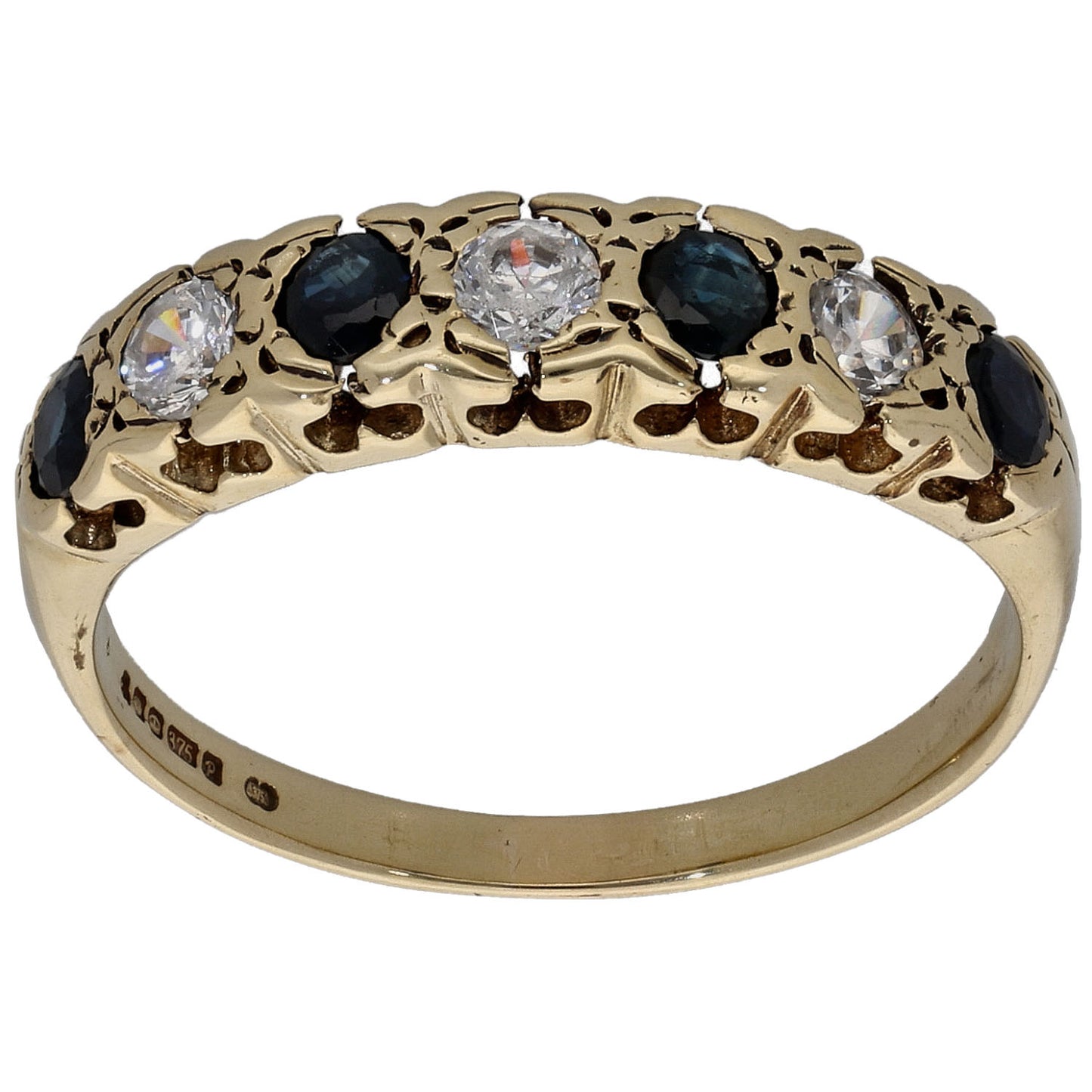 9ct Gold Sapphire & Cubic Zirconia Half Eternity Ring Size Q