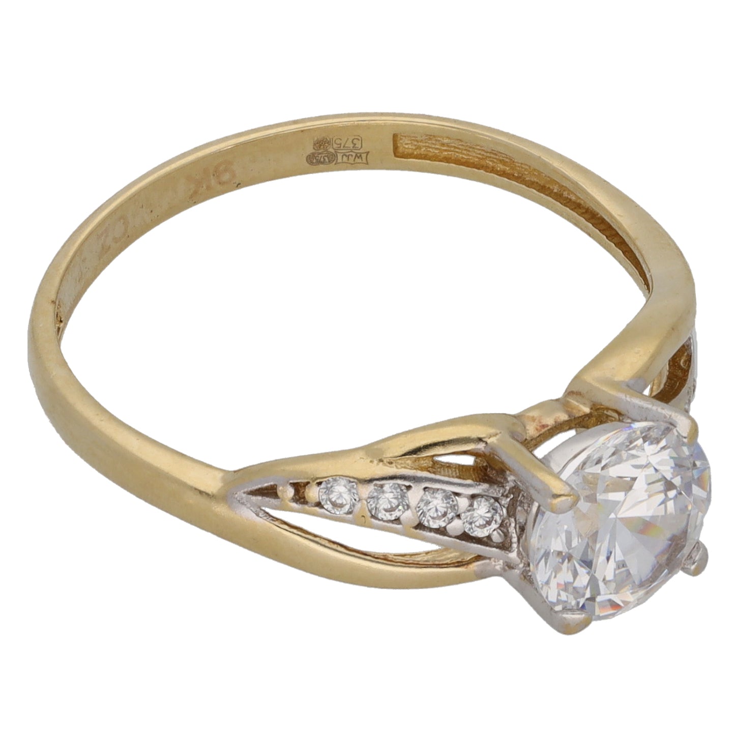9ct Gold Cubic Zirconia Single Stone Ring With Accents Size P