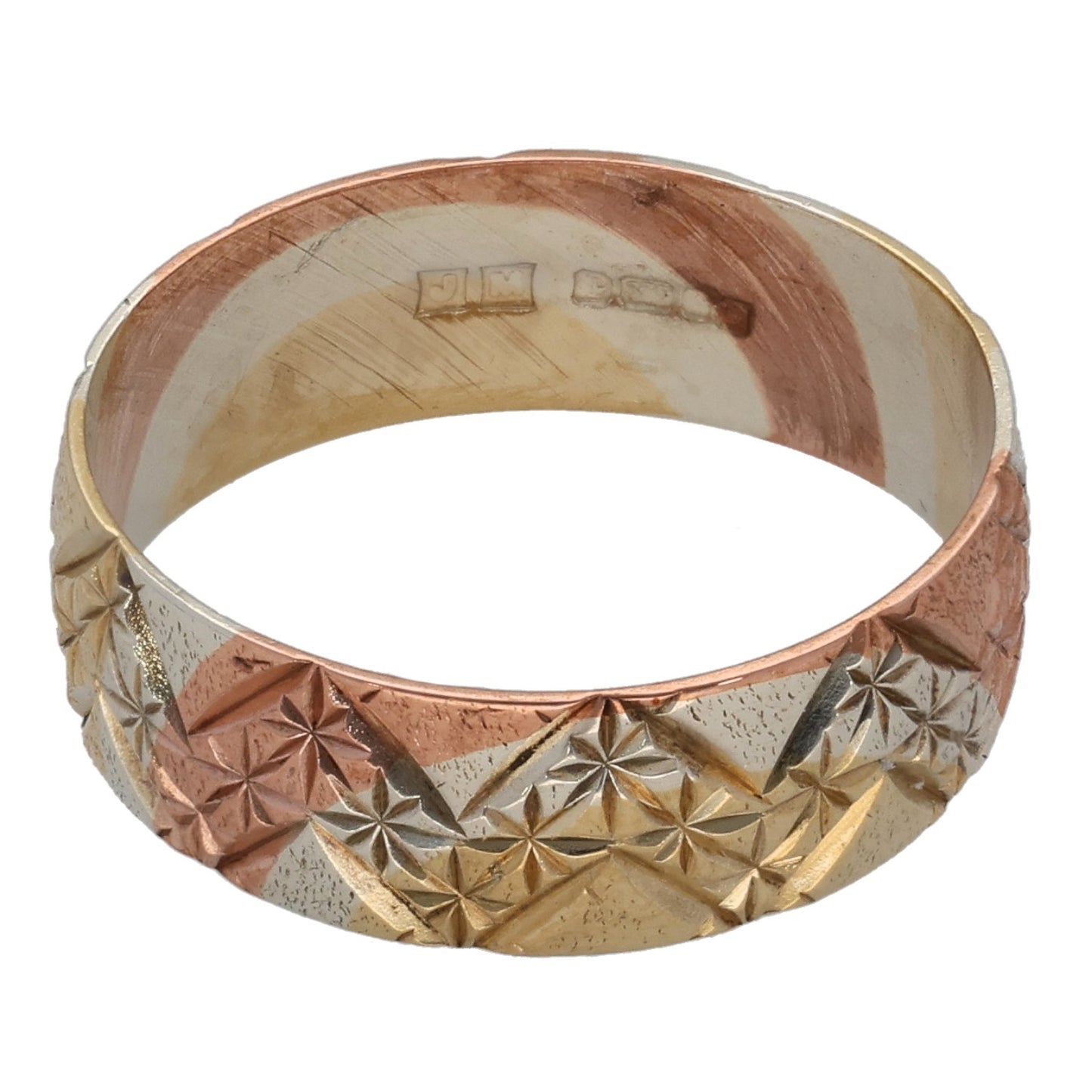 9ct Tricolour Gold Patterned Wedding Ring Size M