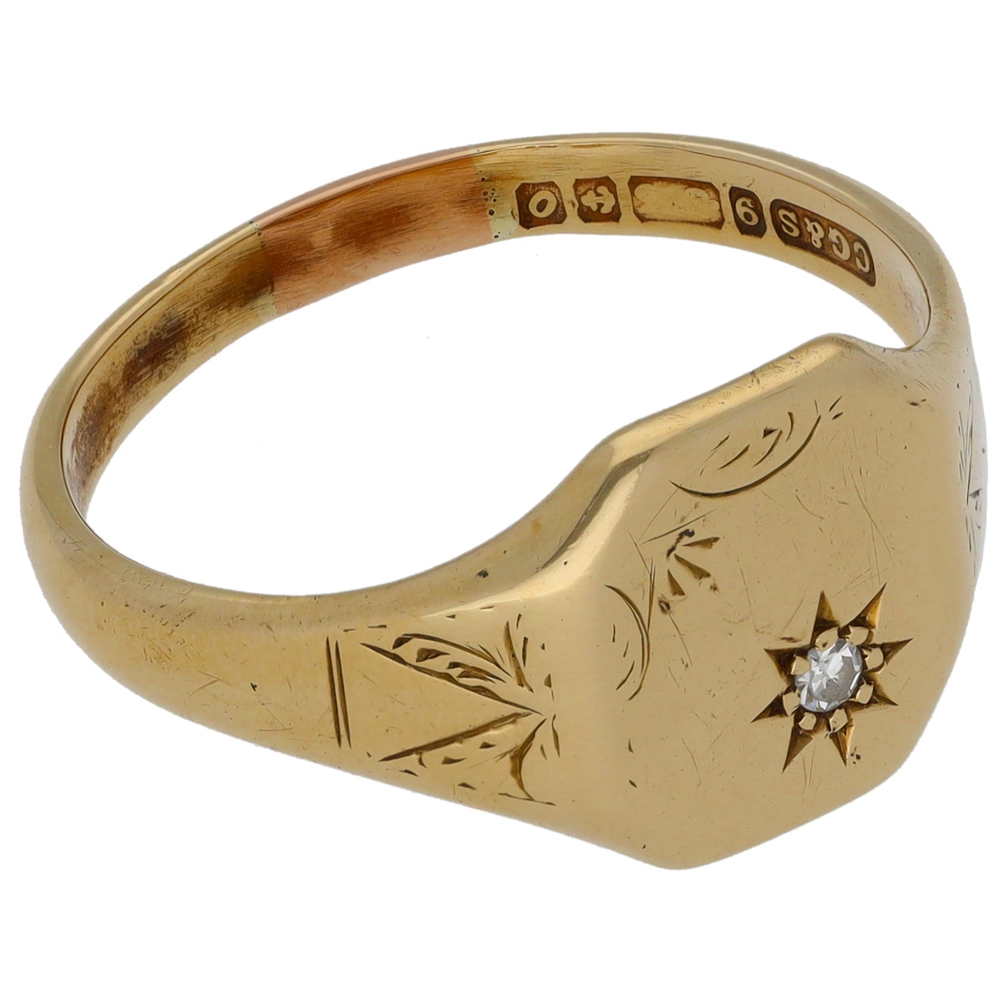 9ct Gold 0.04ct Diamond Single Stone Patterned Signet Ring Size U