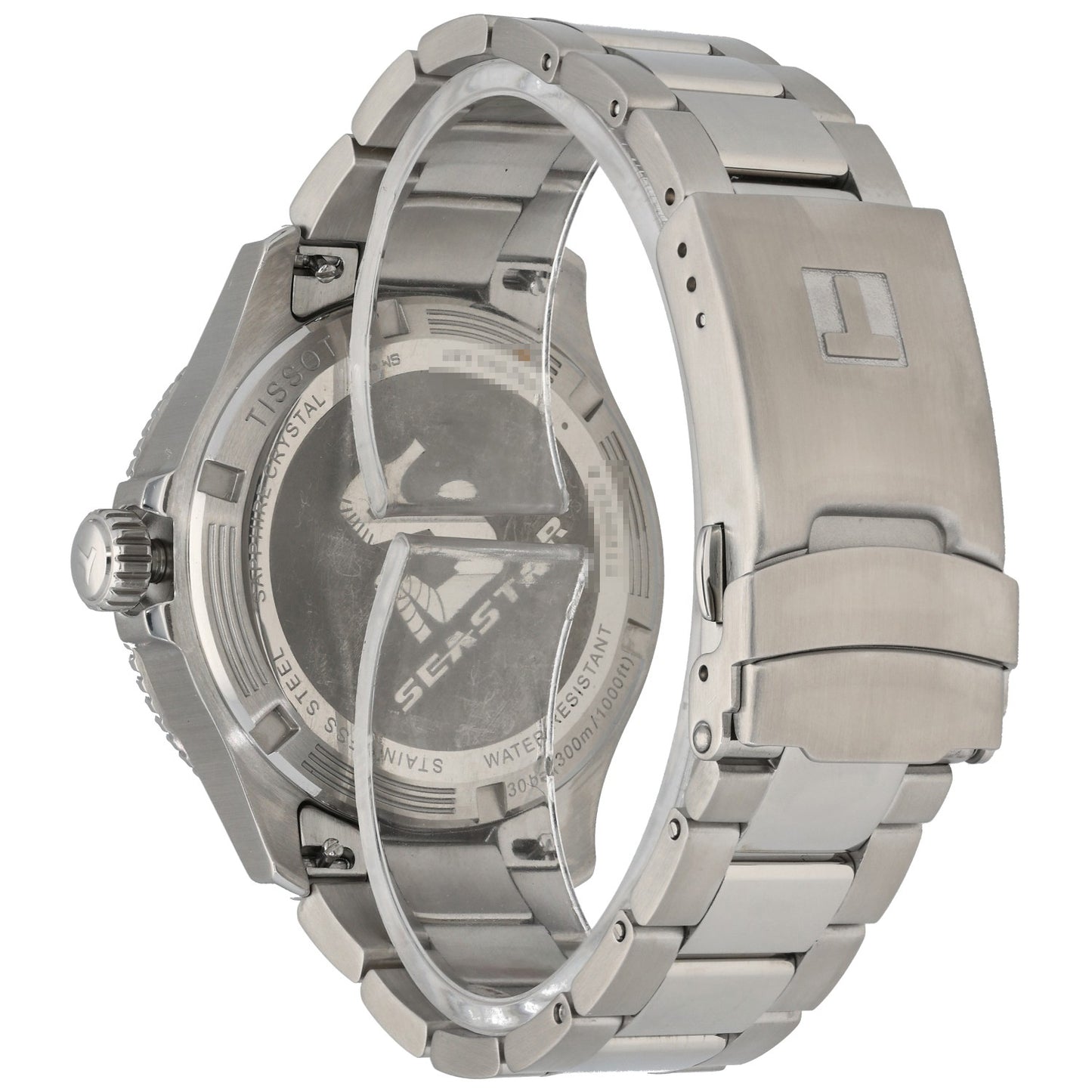 Tissot Seastar 1000 GMT T120852A, crown and caseback, stainless steel link bracelet