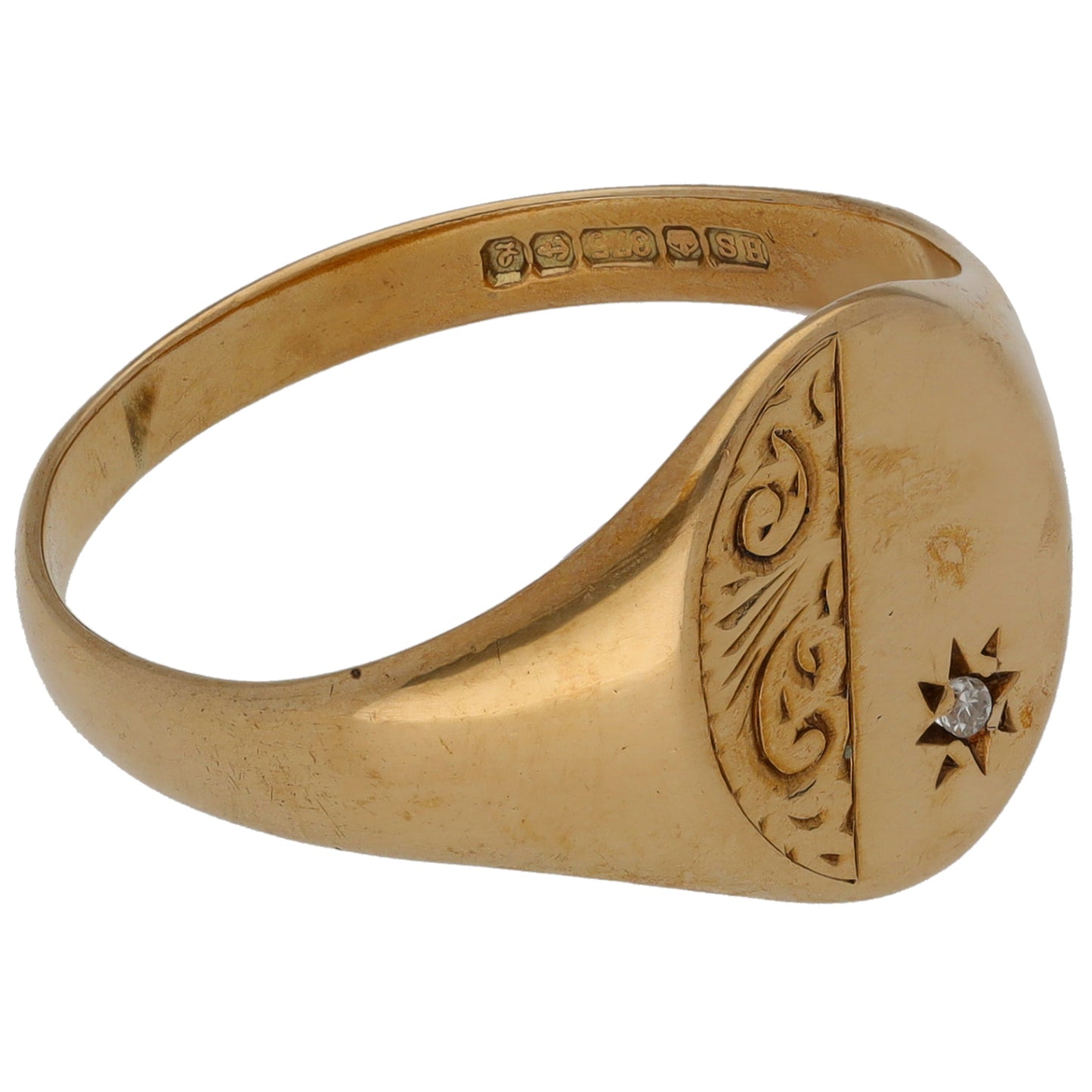 9ct Gold 0.01ct Diamond Single Stone Signet Ring Size T