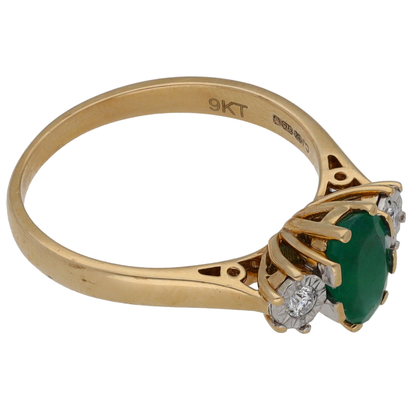9ct Gold Emerald & 0.06ct Diamond Trilogy Ring Size M