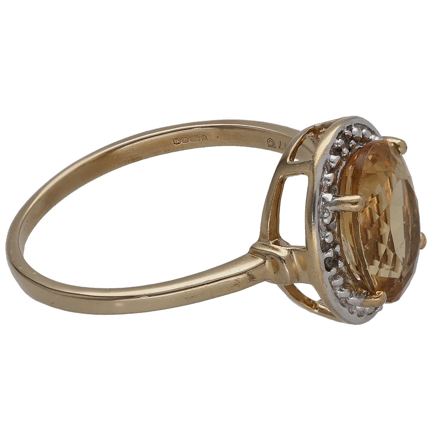 9ct Gold Citrine & Imitation Single Stone Ring With Accents Size M