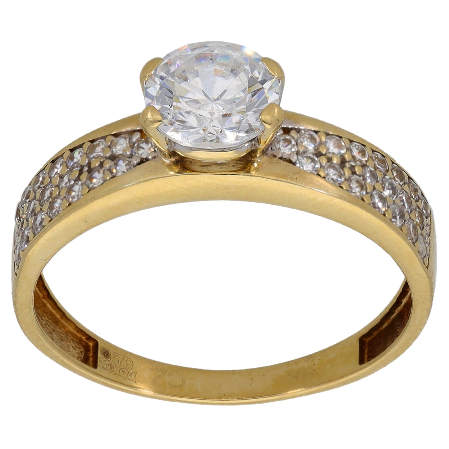 9ct Gold Cubic Zirconia Single Stone Ring With Accents Size R