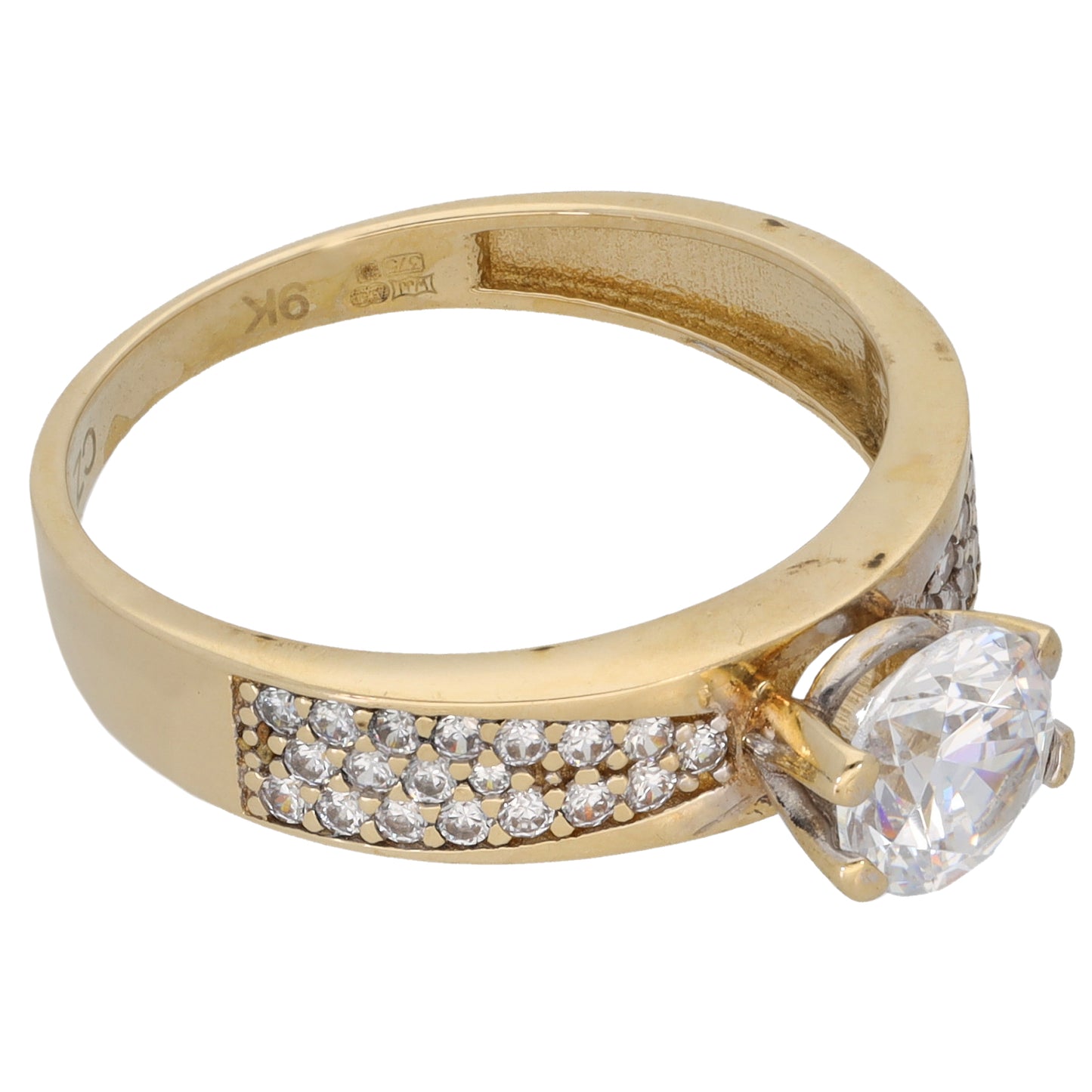 9ct Gold Cubic Zirconia Single Stone Ring with Accent Stones Size R