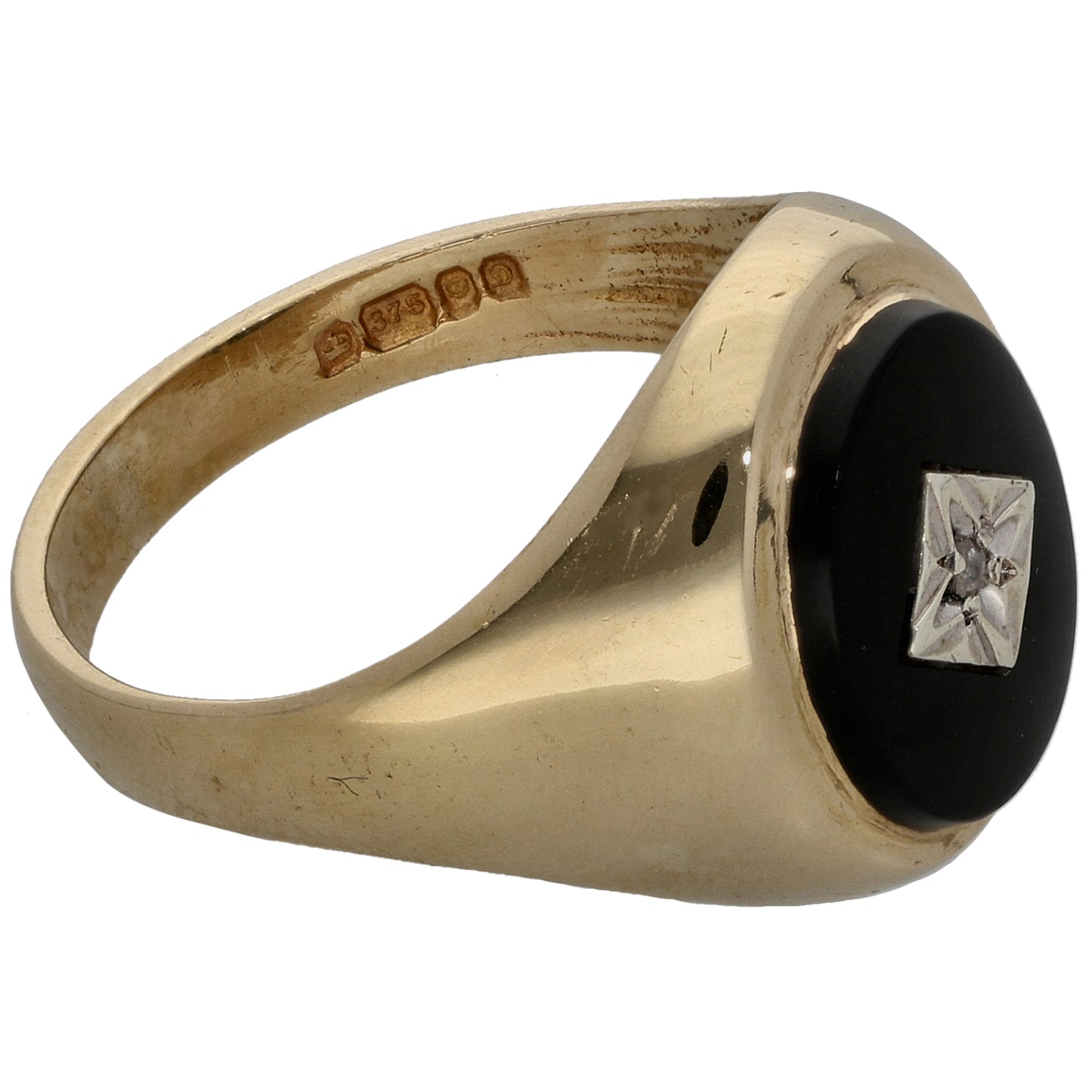 9ct Gold Onyx & 0.01ct Diamond Patterned Signet Ring Size O
