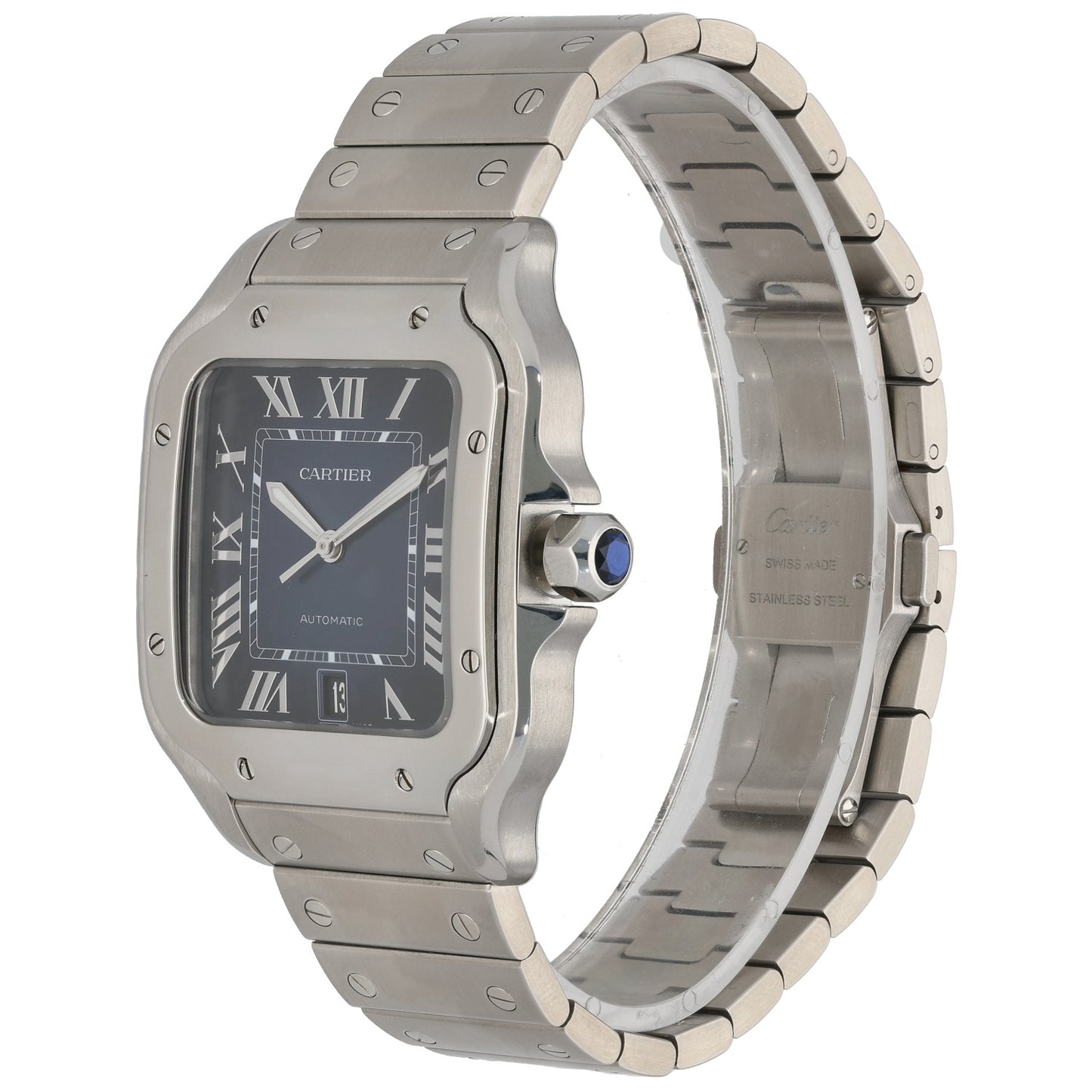 Cartier Santos WSSA0030 stainless steel watch angled view showing black dial and linked bracelet