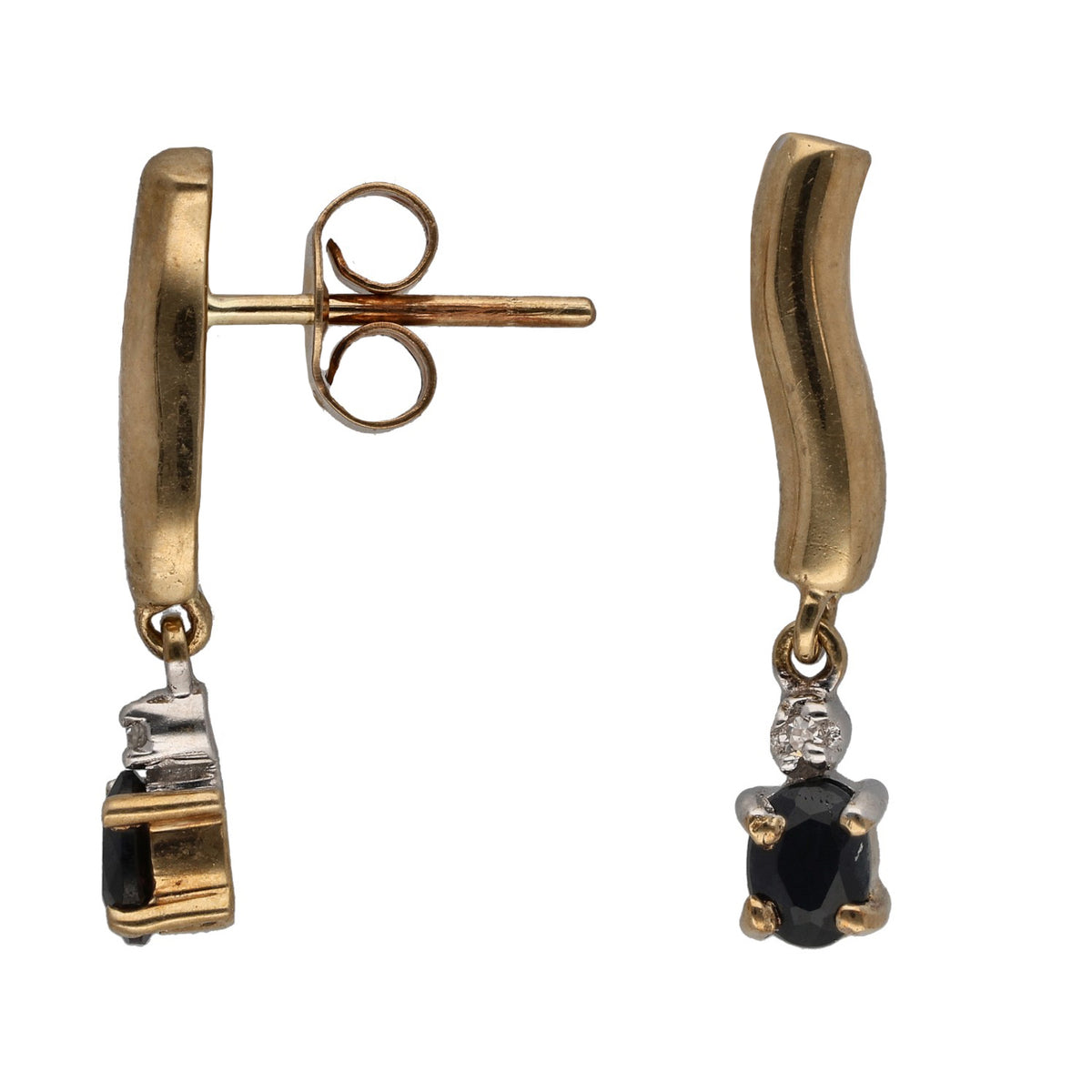 9ct gold drop earrings with dark sapphire and small round diamond accents