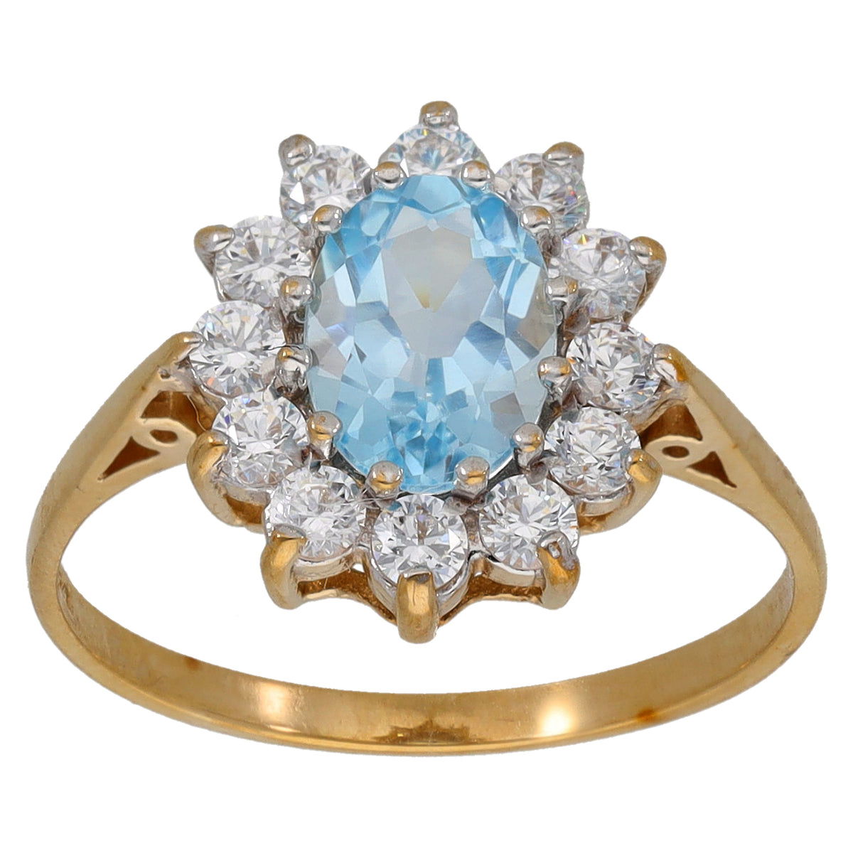 Gold ring with oval light-blue gemstone center and clear CZ cluster halo